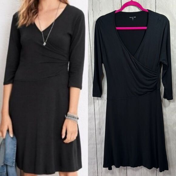 Garnett Hill Dresses & Skirts - Garnet Hill Black Faux Wrap Dress Quiet Luxury Classic Minimalist 3/4 Sleeve